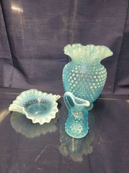 Blue Opalescent Fenton Hobnail Vase, Cruet, and Ruffle Edge Bowl