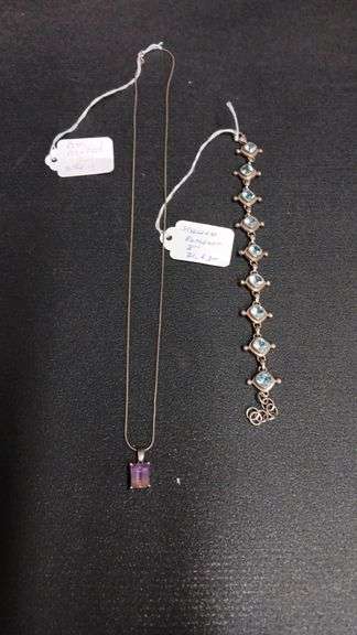 8" Sterling Bracelet w/blue stones (31.6gr) & Sterling Necklace w/amethyst stone (5.86gr)