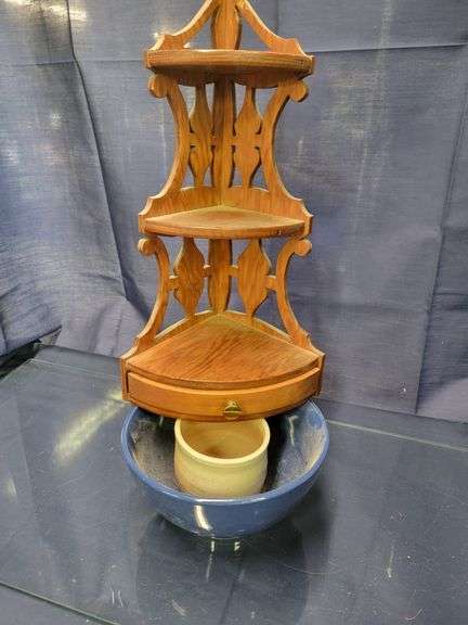 Corner Shelf, Pottery Bowl, and Blue Bowl
