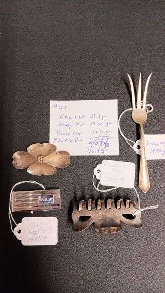 (4) Sterling Items: Hair Clip, Money Clip, Pickle Fork & Broche (76.4gr)