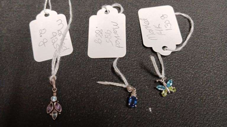 (3) Pendants: Butterfly (Marked 14K 1.3gr), Blue Stone (Sterling .88g) & Multi Color Stone (Sterling