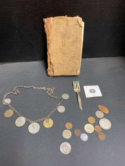 Assorted Lot of Coins & Antique The English Reader 1841