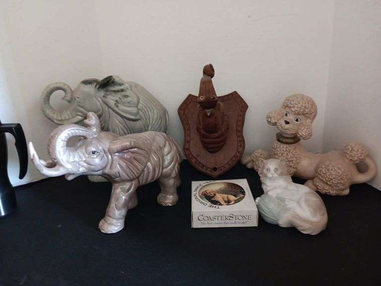 Ceramic & Wood Decorative Elephants, Dog & Cat
