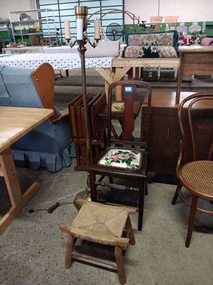 Woven Cane Ottoman, Side Chair w/ Upholstered Cushion & Floor Lamp