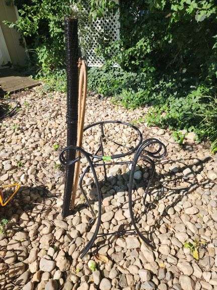 (2) Wrought Iron Plant Stands, Bamboo Plant Supports, and Plant Netting