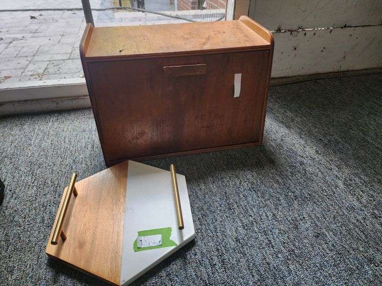 Wood Bread Box and Wood/Marble Tray