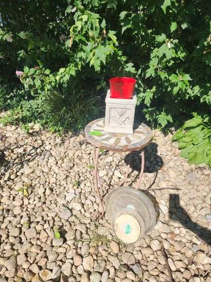 Mosaic Table, Planters, and Plastic Plant Trays