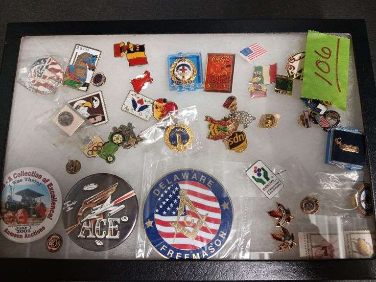 Assorted Pins: Flags, Coca-Cola, DE, Stamps