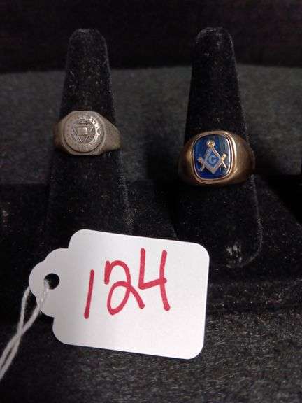 (2) Masonic Rings: Marked 10k Blue Stone Sz.11 5.80g AND Cracked Band Sz.8 4.93g
