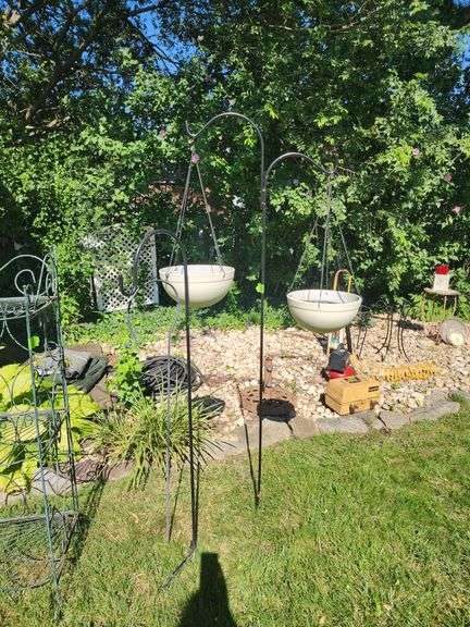 (3) Shephard Hooks and (2) Hanging Planters