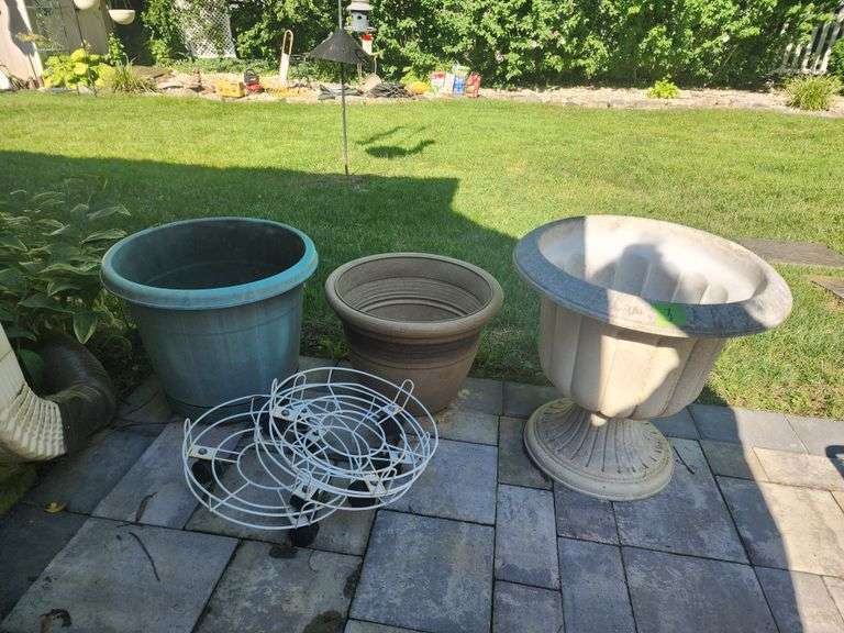 (3) Plastic Planters & (3) Plant Stands with Wheels