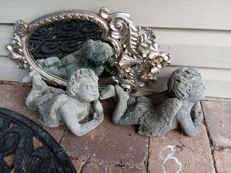 (2) Concrete Cherubs, Mirror, and Door Mat