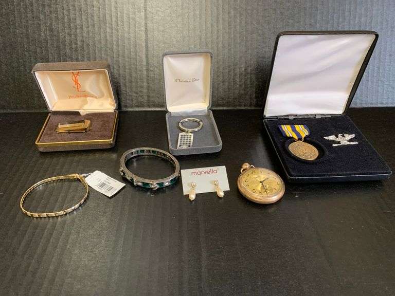 Assorted Jewelry Lot: Key Chains, Bracelets, Pocket Watch & Commemorative Set