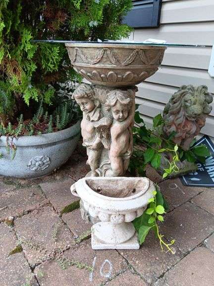 Resin Cherub Table and Concrete Wall Hanging