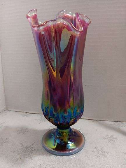 Fenton Iridescent Glass Ruffled Top Vase