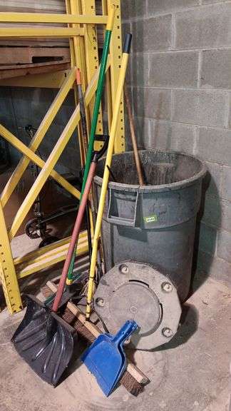 Large Trash Can w/ Assorted Brooms & Dustpans