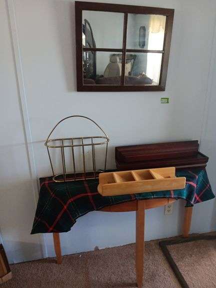 Wall Table, Brasstone Magazine Holder, Letter Holder, Repurposed Window Frame Mirror & Wall Shelves