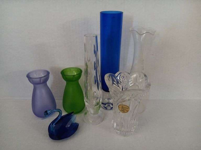 Waterford Bud Vase, Assorted Glass Vases & Blue Swan (Possibly Swarovski)