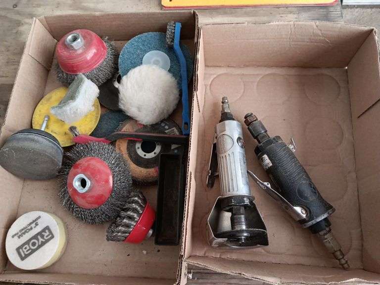 (2) Air Cut Off Tools & Assorted Wire Wheels & Abrasives