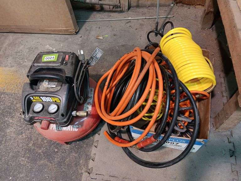 Central Pneumatic 3 Gal Pancake Air Compressor w/ Misc Air Hoses