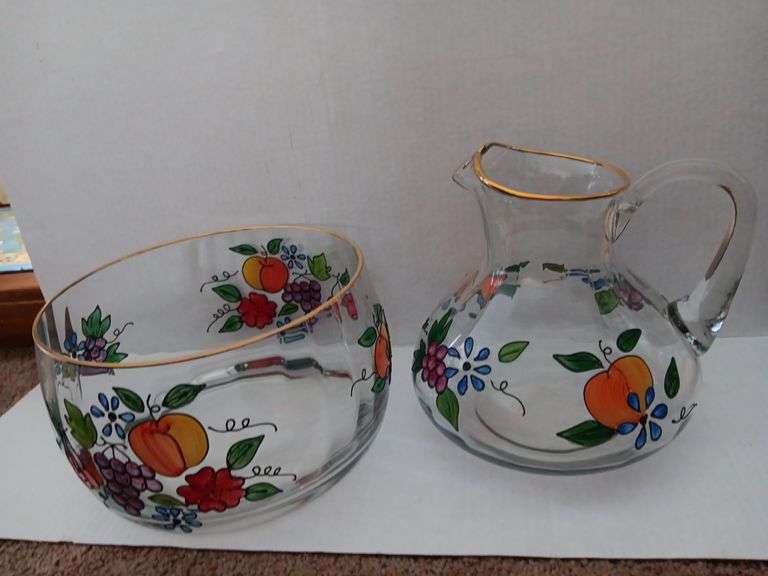Painted Fruit Glass Pitcher & Bowl