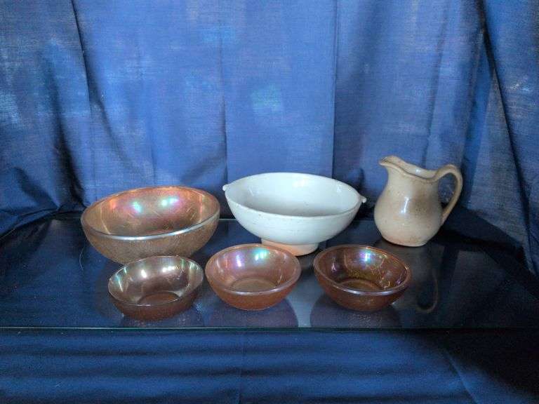 Iridescent Bowls, Haeger Pottery Bowl, and Buffalo China Bowl