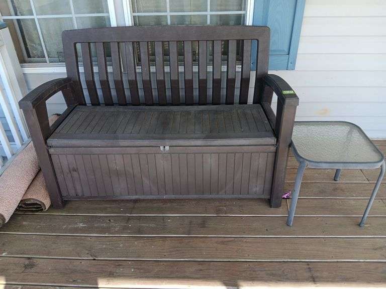 Plastic Outdoor Bench w/ Storage and Glass Side Table and Contents