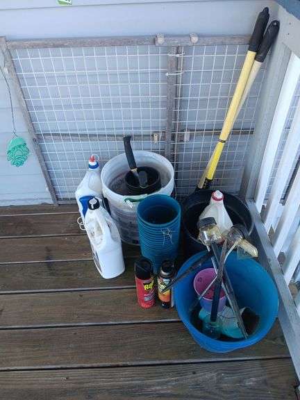 Large Assortment of Plastic Flower Pots, Garden Tools & Pesticide