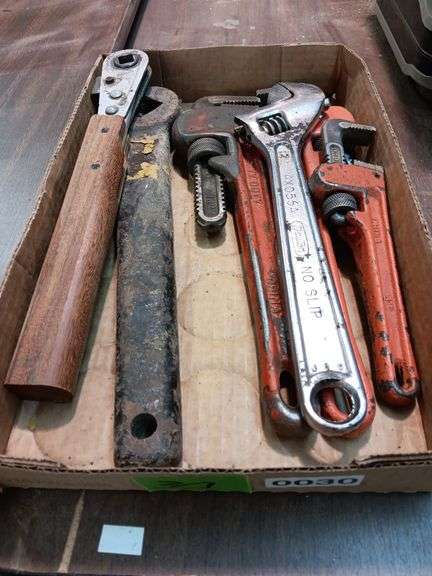 (3) Pipe Wrenches, Adjustable Wrench & Ratchet