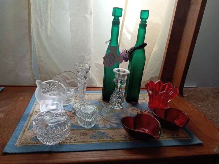 Assortment of Clear & Colored Glass Decorative Items