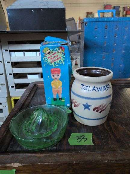 Delaware Pottery, Uranium Glass Juicer, and Wee Wee Water Squirter