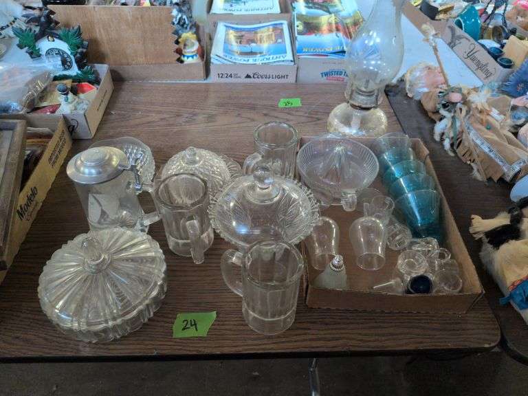 Stein, Beer Mugs, Juicer, Oil Lamp, and Other Clear Glass Items