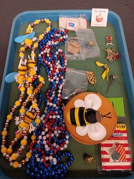 Assorted Pins, Necklaces, Keychains & Bee Coin Purse