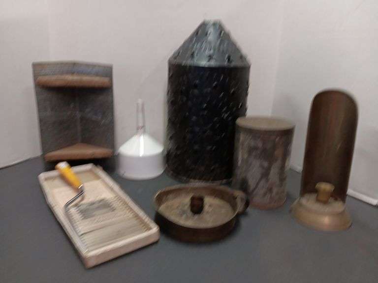 Punched Tin Lantern, Primitave Candle Holders, Enameled Funnel, and More