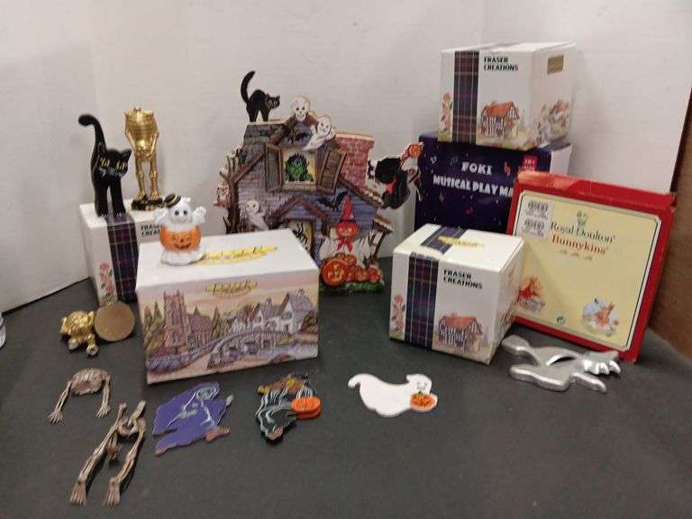 (4) Fraser Creation House Figures, Halloween Decor, Bunnykins Royal Doulton Plate, and Music Player Mat