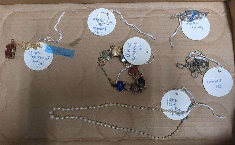 Pearl Necklace- Clasp Tests Diamond, Necklace Marked 925, Sterling Brooch, 14k Engraved Band .67g, 14k Chain with Pendant (Illegible Markings), and 10k GF Bracelet