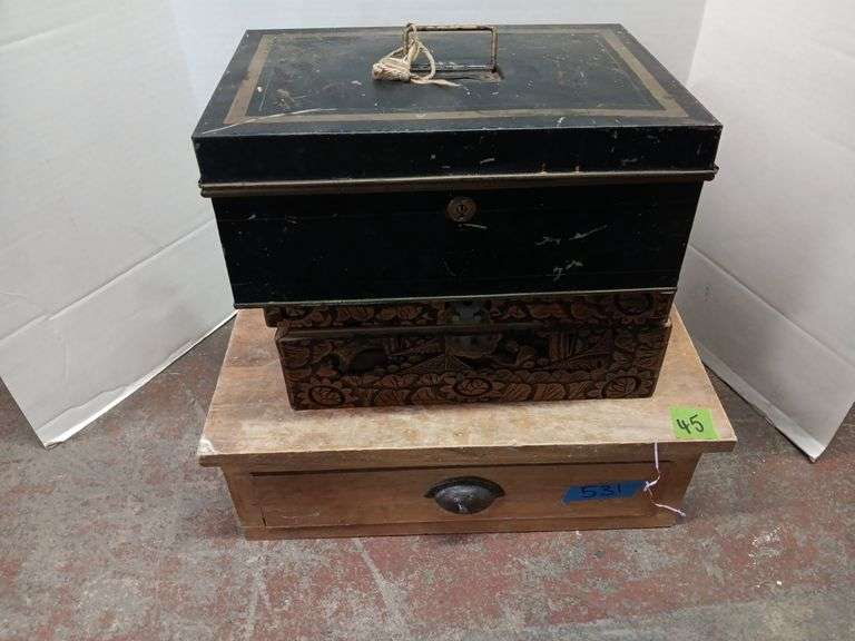 (2) Wood Storage Boxes and (1) Metal Storage Box