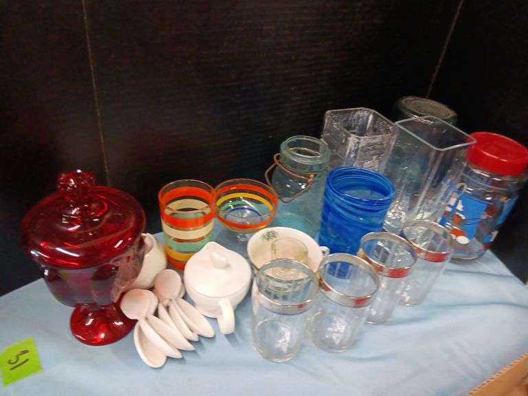 Red Glass Lidded Candy Dish, Variety of Drinking Glasses, Vintage Measuring Cup, and More