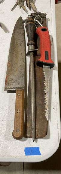 Large knife, knife sharpener, saw