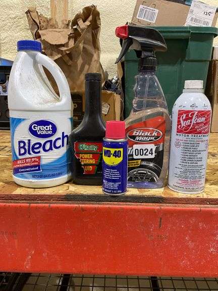 Bleach, power steering fluid, WD-40, tire cleaner, sea foam