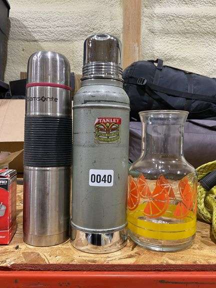 2 Thermos, Stanley is old, has a Cork, glass pitcher