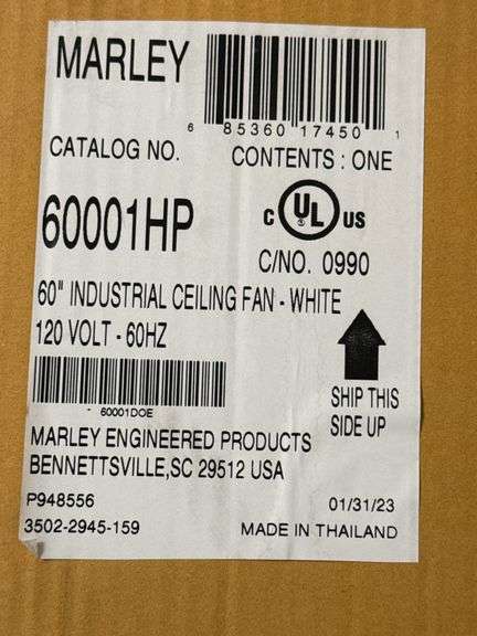Marley 5 Ft Blade Dia 120VAC 6,090 Cfm White Industrial Ceiling Fan - 60001HP - MSRP $430.00