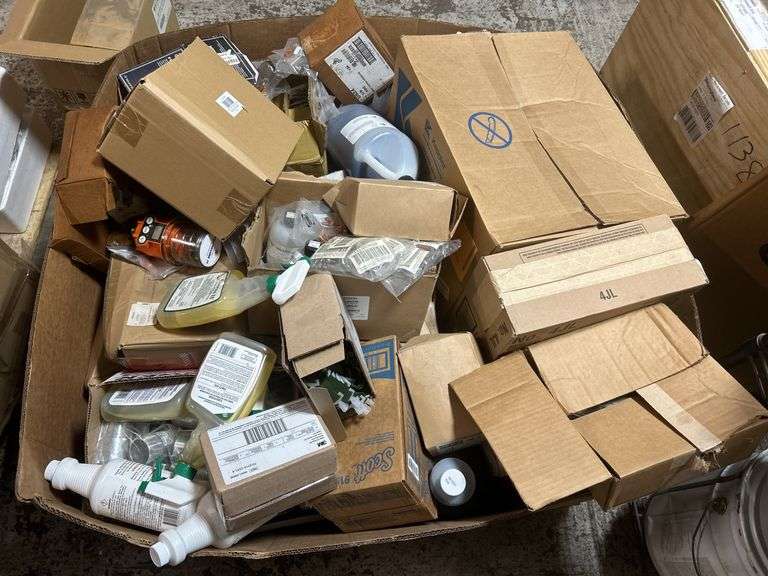 Gaylord Of Miscellaneous Items Including Cleaning Supplies, Elastic Chin Straps And Bed Brushes
