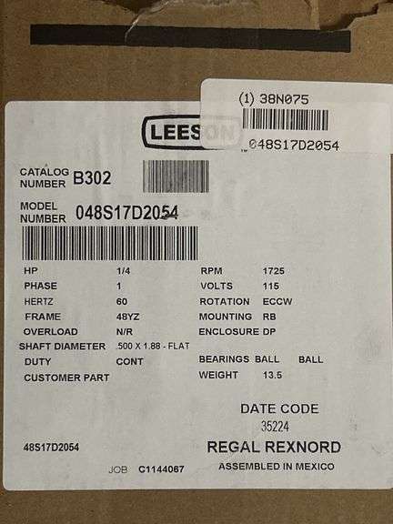 Leeson Single Speed 1/4 HP 1725 RPM 115 V AC Belt Drive Motor - 048S17D2054 - MSRP $258.06