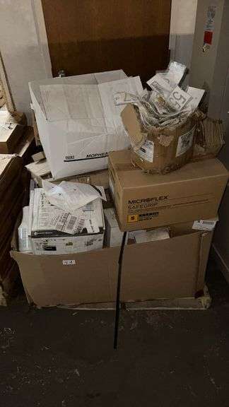 Gaylord of gloves, chemicals, hardware, a pump, and more