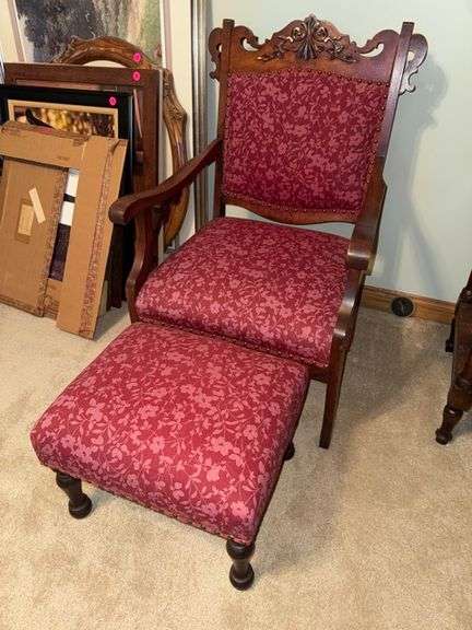 Victorian Upholstered chair with ottoman • Upstairs