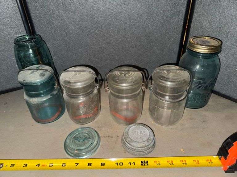 Green and Clear Canning jars with bails • Kitchen