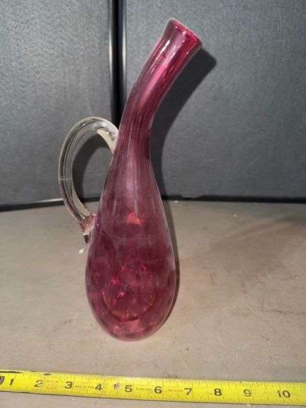 Handcrafted Cranberry glass decanter • Basement