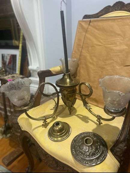 Beautiful Antique Brass Chandelier with Elegant Etched Glass Shades.  Sunroom