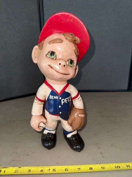 Vintage 70s Atlantic Mold Ceramic Pets Baseball Player Smiley Statue Red White • 12” • Garage